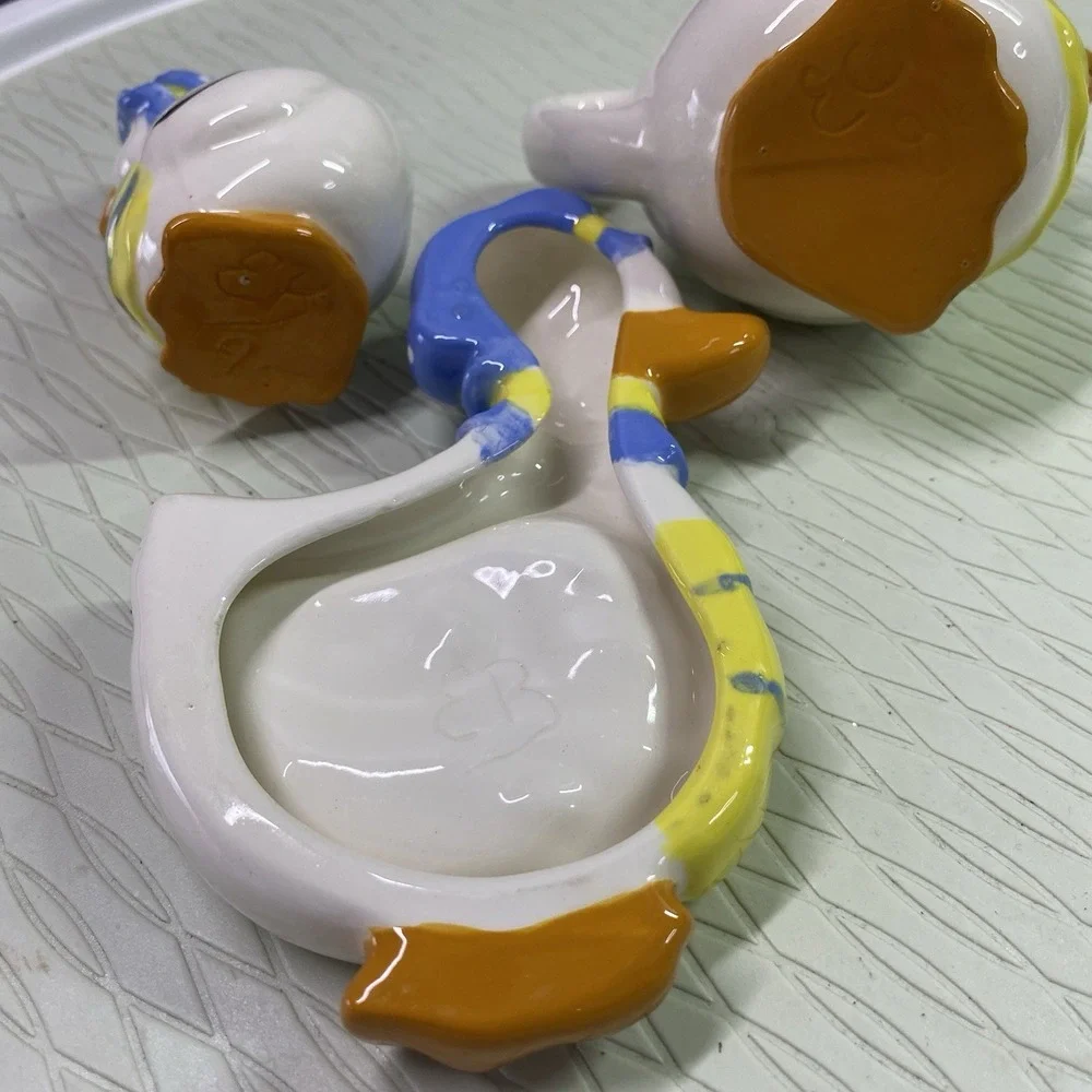 Vintage Set-4 Ceramic Ducks Wearing Bonnets. Creamer,Spoon Rest,Toothpick Holder